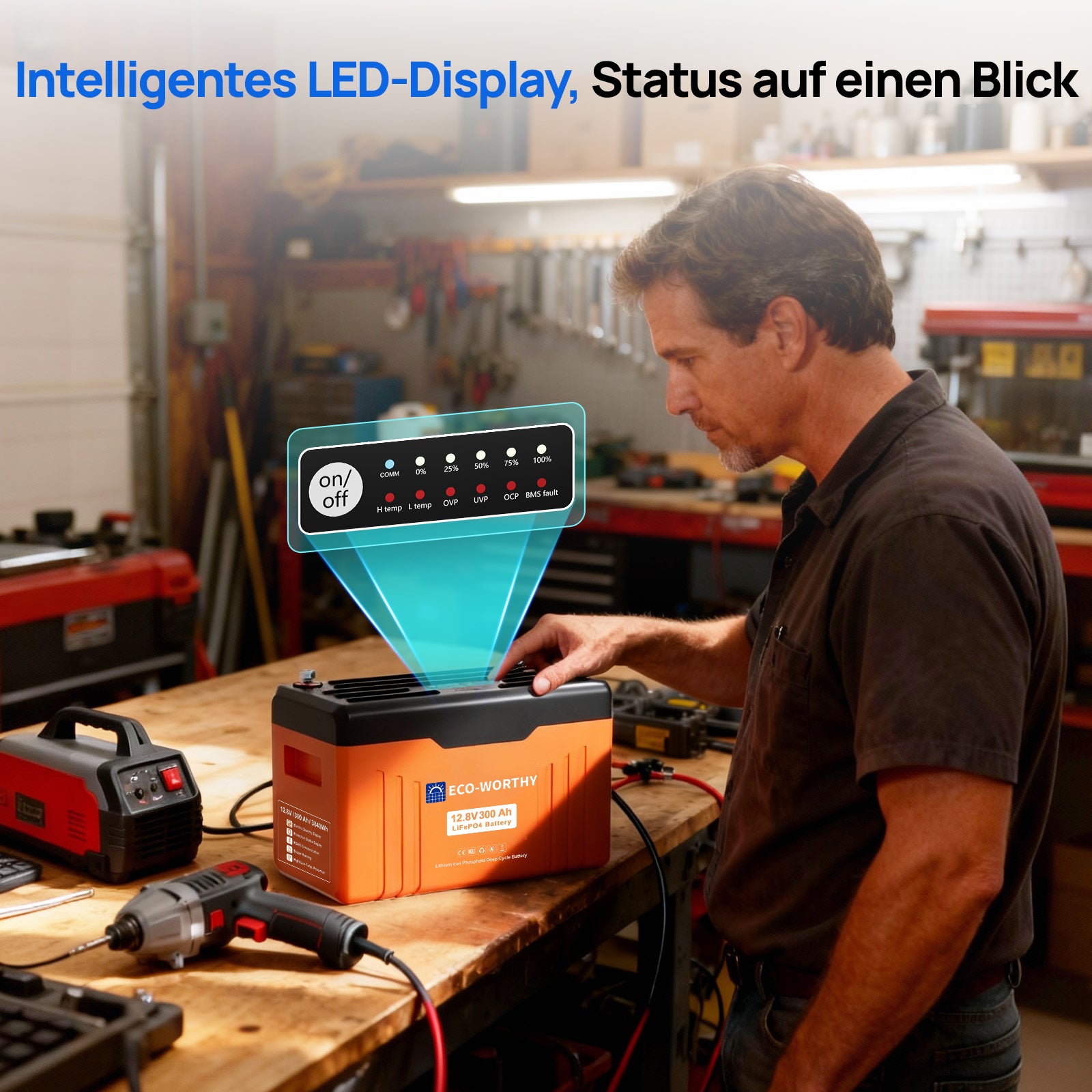 Ein Mann präsentiert einen ECO-WORTHY 12V 300Ah LiFePO4 Lithium-LiFePO4-Akku mit Bluetooth und LED-Anzeige (SOC-Daten und Akkustand).