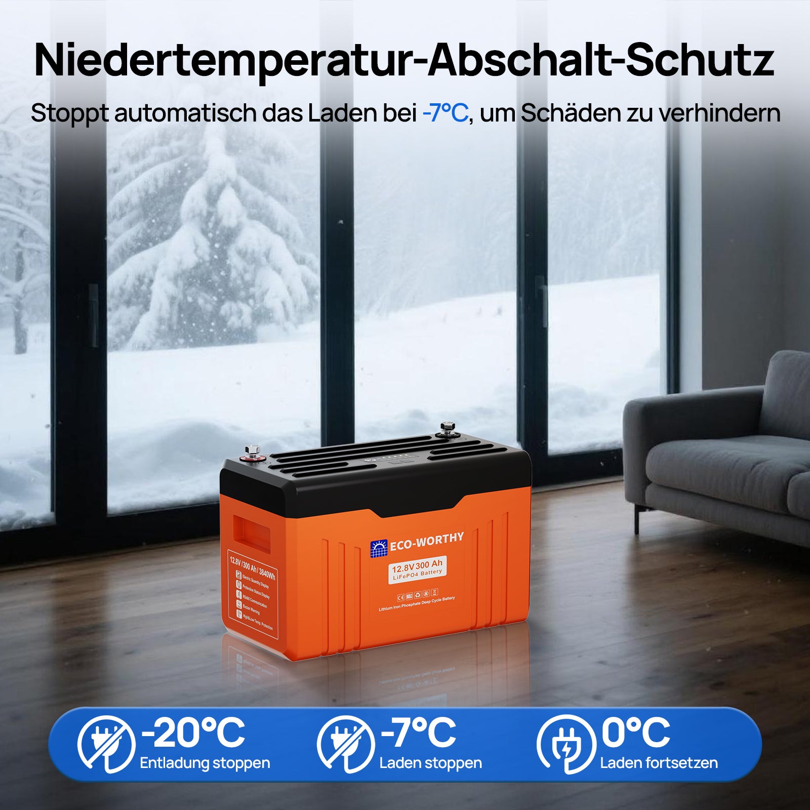 Eco-Worthy 12V 300Ah LiFePO4 Lithium Batterie mit Bluetooth und Untertemperaturschutz: automatische Ladeabschaltung bei niedrigen Temperaturen.