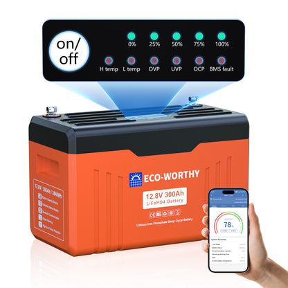 12V 300Ah LiFePO4 Lithium Batterie mit Bluetooth und Untertemperaturschutz, ausgestattet mit SOC-Lichtpanel.