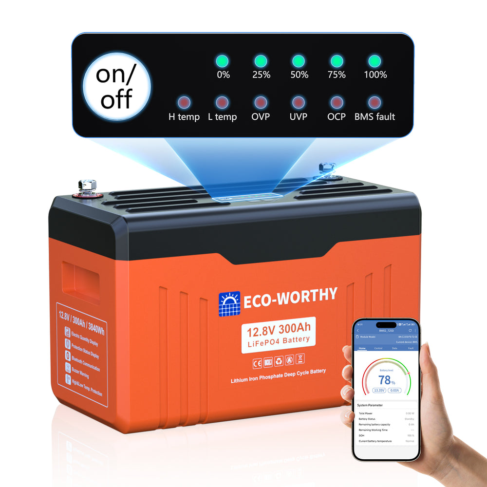 12V 300Ah LiFePO4 Lithium Batterie mit Bluetooth und Untertemperaturschutz, ausgestattet mit SOC-Lichtpanel.