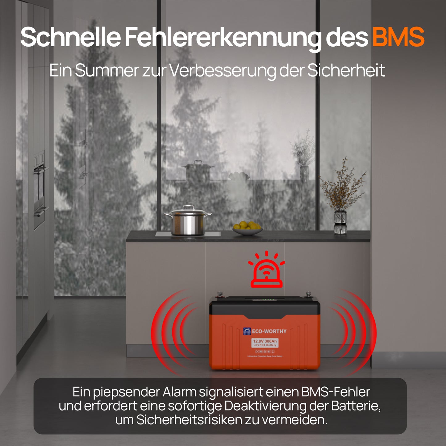 12V 300Ah LiFePO4 Lithium Batterie mit Bluetooth und Untertemperaturschutz：Der Summer kann Fehlfunktionen des Batteriemanagementsystems (BMS) schnell erkennen und darauf aufmerksam machen.