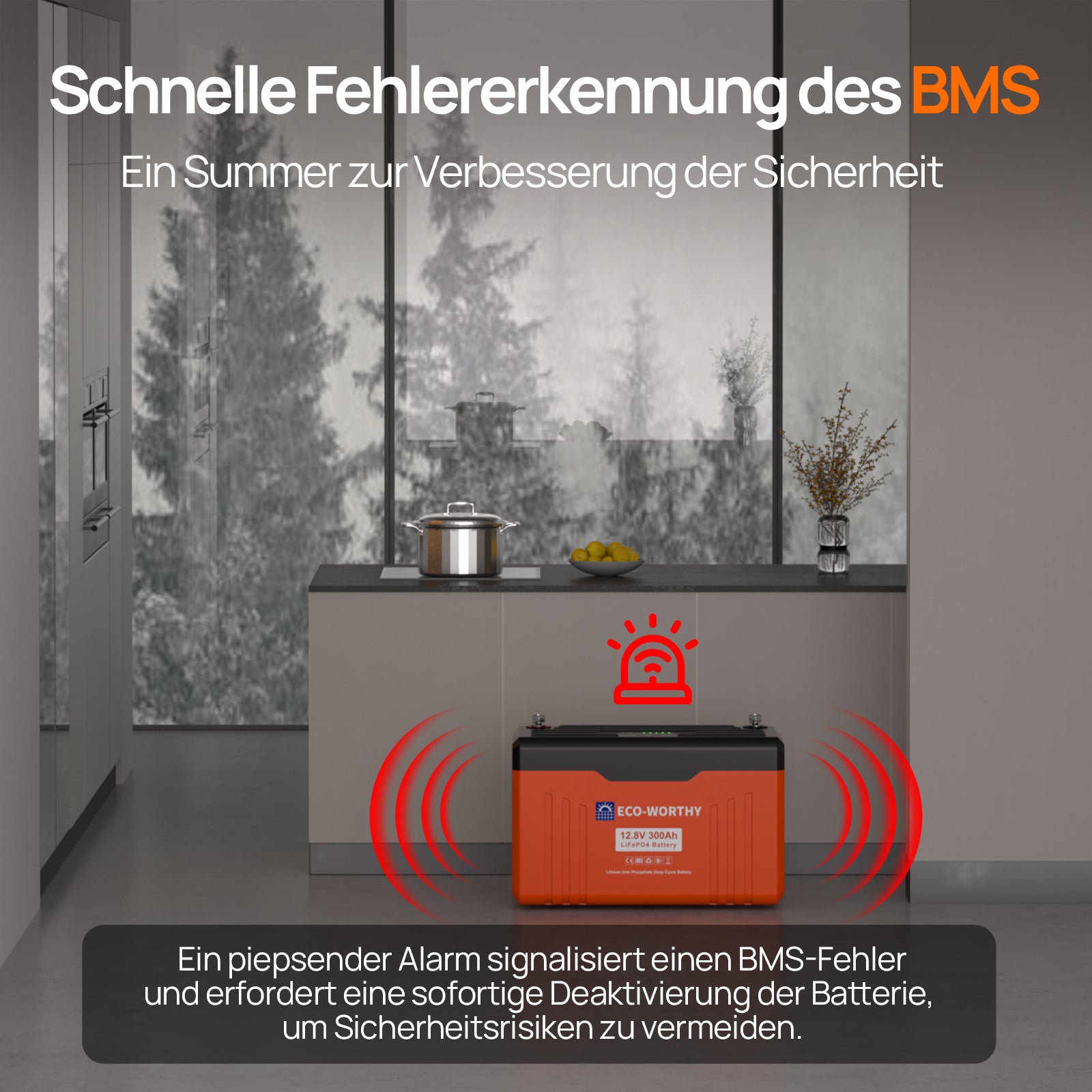 12V 300Ah LiFePO4 Lithium Batterie mit Bluetooth und Untertemperaturschutz：Der Summer kann Fehlfunktionen des Batteriemanagementsystems (BMS) schnell erkennen und darauf aufmerksam machen.