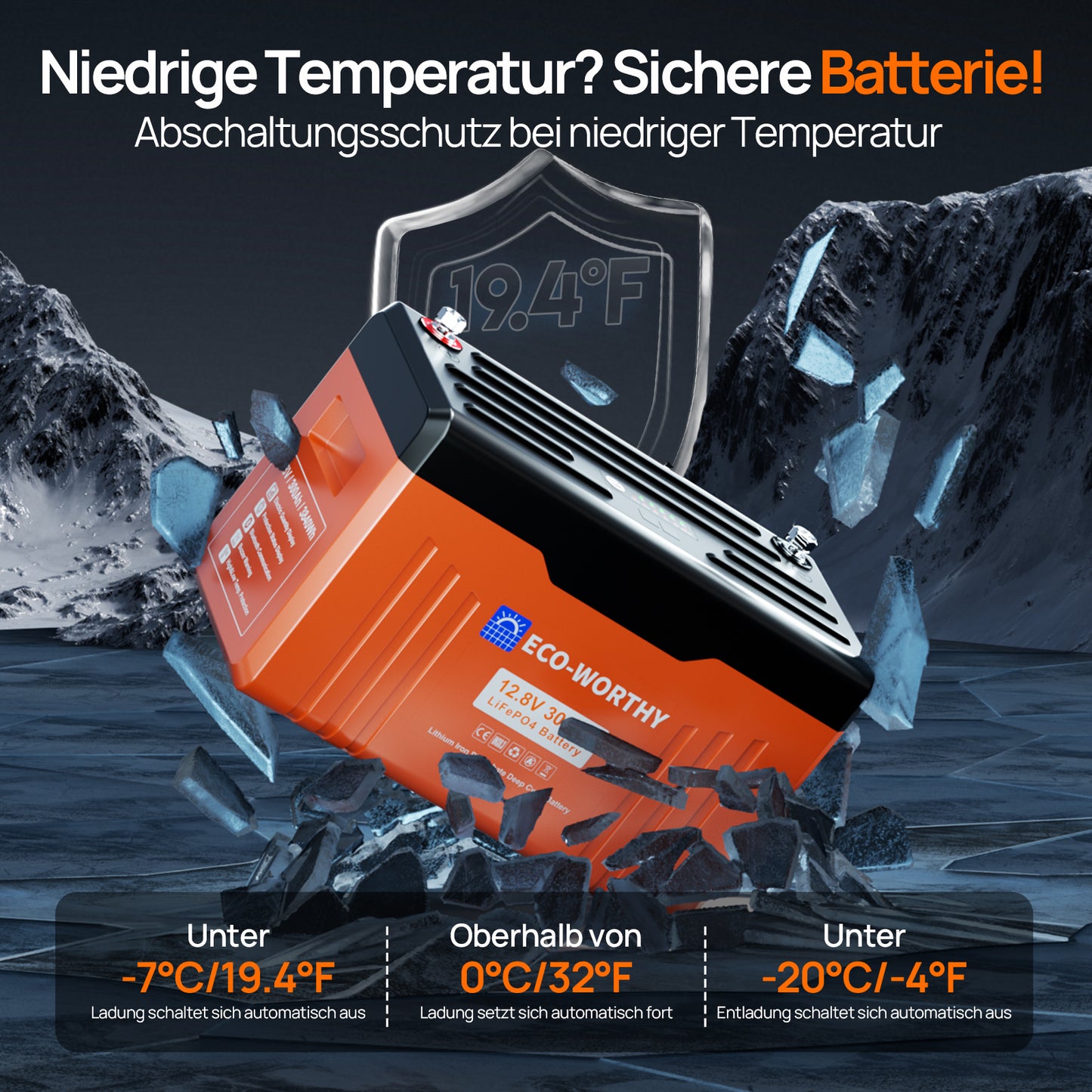 12V 300Ah LiFePO4 Lithium Batterie mit Bluetooth und Untertemperaturschutz：    Abschaltungsschutz bei niedriger Temperatur