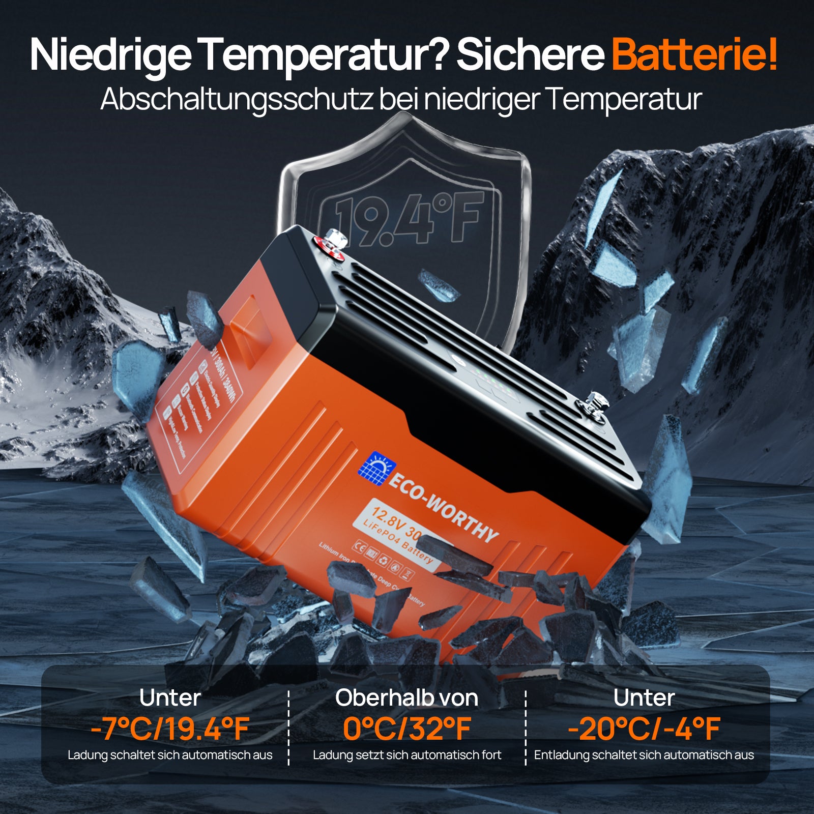 12V 300Ah LiFePO4 Lithium Batterie mit Bluetooth und Untertemperaturschutz：    Abschaltungsschutz bei niedriger Temperatur