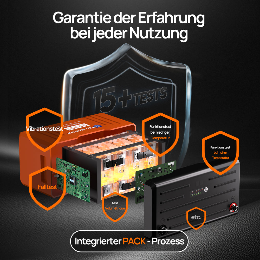 12V 300Ah LiFePO4 Lithium Batterie mit Bluetooth und Untertemperaturschutz：Mehrere Tests gewährleisten die Sicherheit der Batterie.