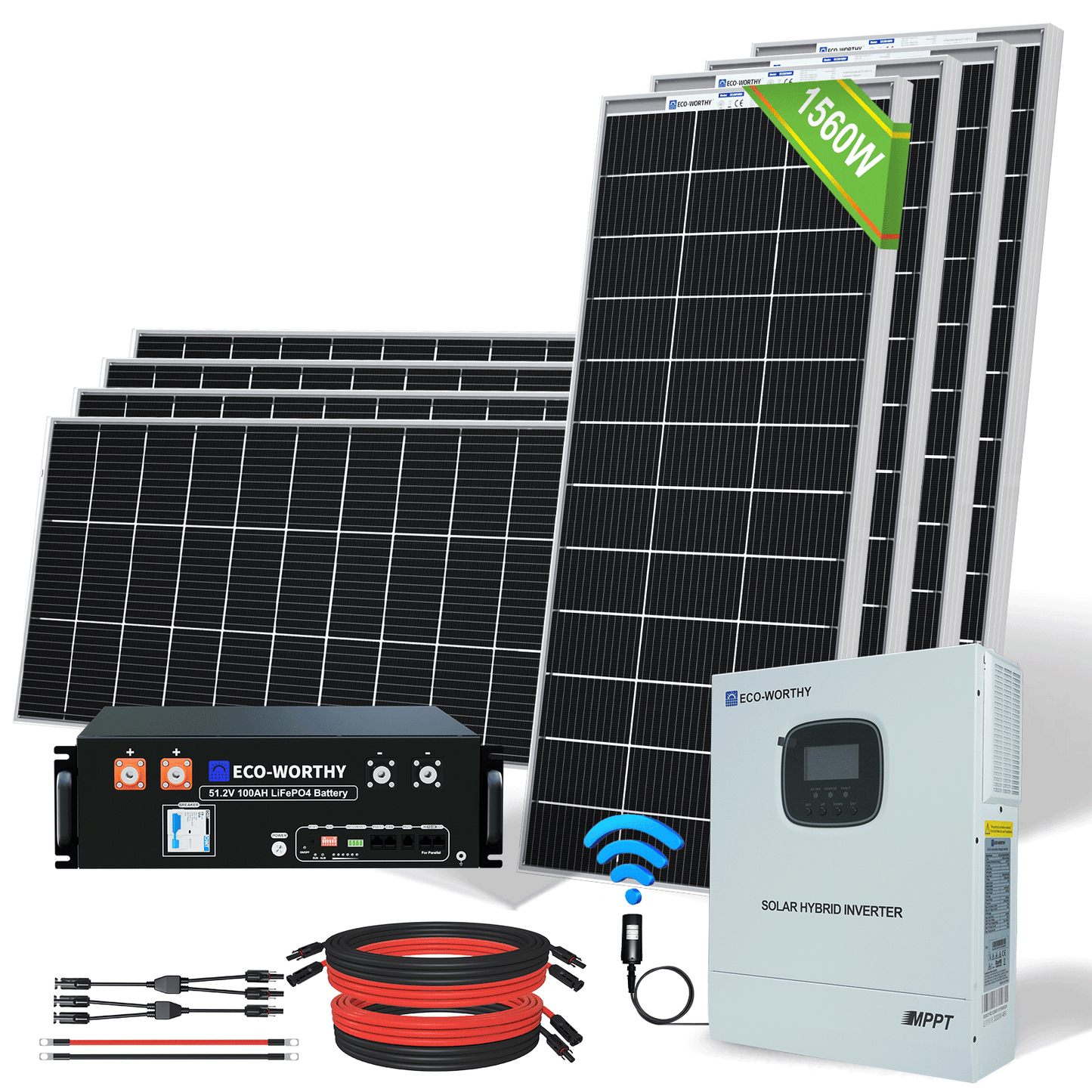 1560W 48V (8 x Bifazial 195W), Komplettes MPPT-Off-Grid-Solar-Kit mit  48V (51,2V) 100Ah Server-Rack-Batterie, Bifaziale 195Wp 12V Solarmodul, 48V 3000W All-in-One Solar-Wechselrichter