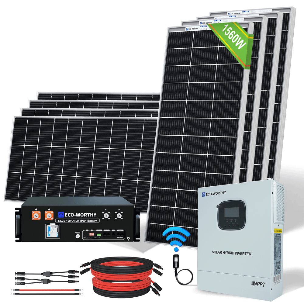 1560W 48V (8 x Bifazial 195W), Komplettes MPPT-Off-Grid-Solar-Kit mit  48V (51,2V) 100Ah Server-Rack-Batterie, Bifaziale 195Wp 12V Solarmodul, 48V 3000W All-in-One Solar-Wechselrichter