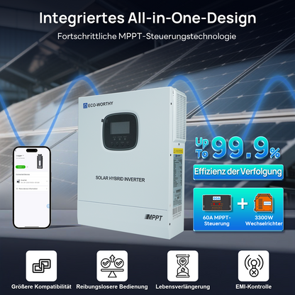 48V 3000W All-in-One Wechselrichter mit einem Nachführwirkungsgrad von bis zu 99%.