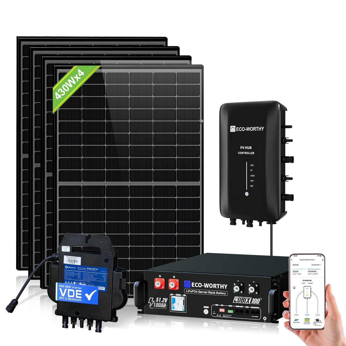 1720W Balkonkraftwerk mit 48V 100Ah LiFePO4 Batterie und Hub 800W Stromspeicher