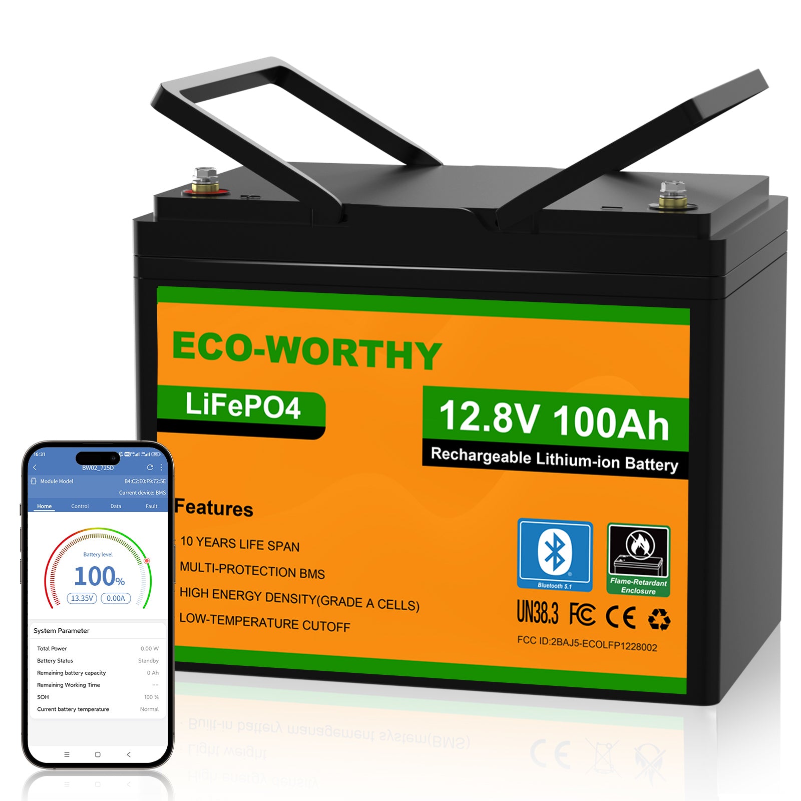 ECO-WORTHY 12V 100Ah LiFePO4 Lithium batterie mit Bluetooth und Untertemperaturschutz