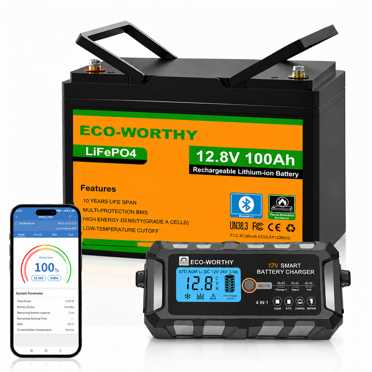 ECO-WORTHY 12V 100Ah LiFePO4 Lithium batterie mit Bluetooth und Untertemperaturschutz