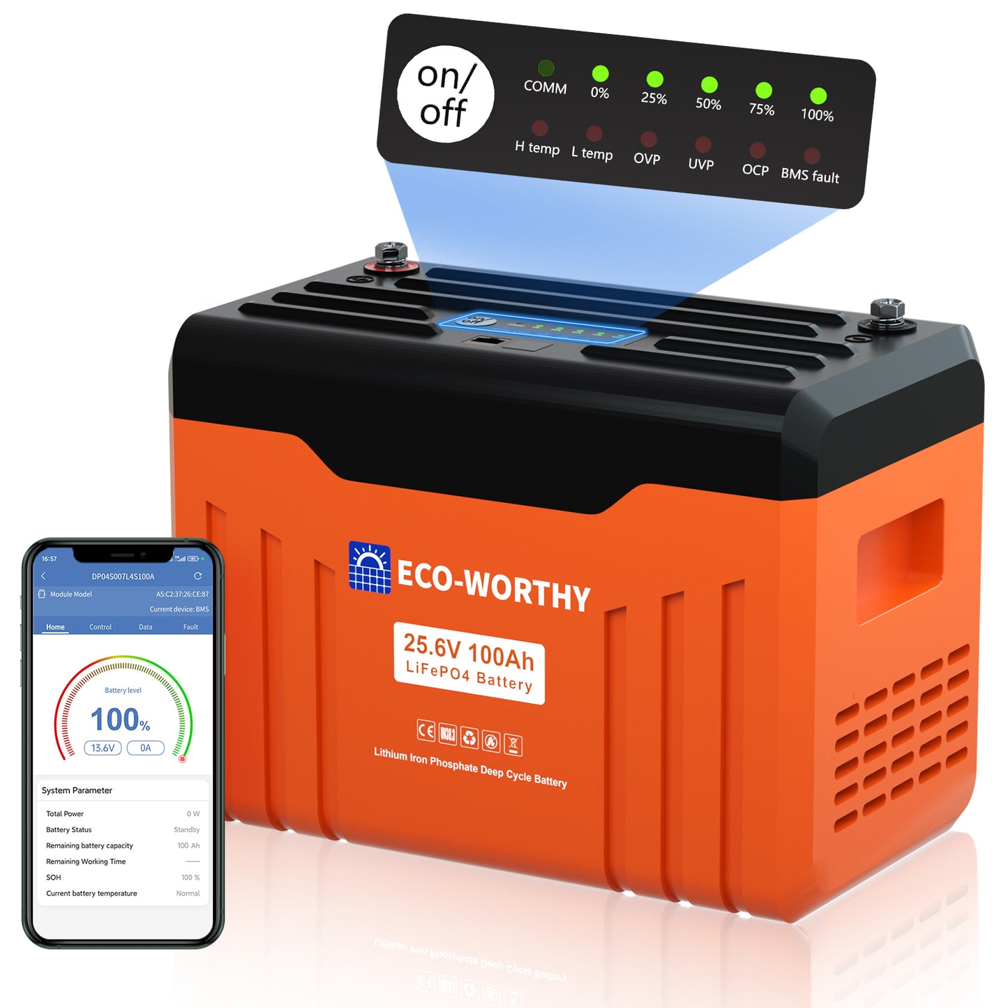 24V 100Ah LiFePO4 Lithium Batterie mit Bluetooth und WiFi,Untertemperaturschutz