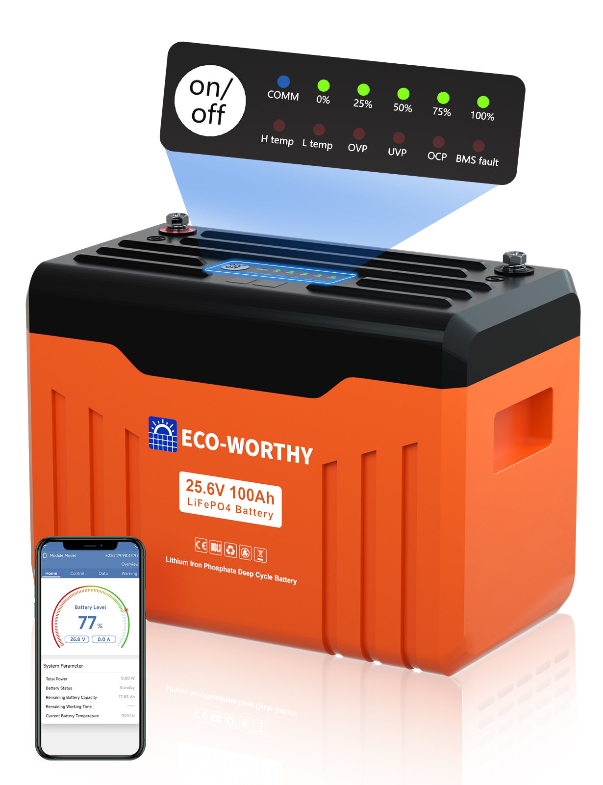 24V 100Ah LiFePO4 Lithium Batterie mit Bluetooth und Untertemperaturschutz-1