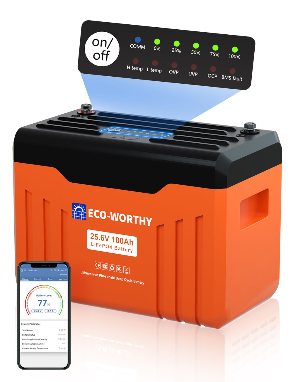 24V 100Ah LiFePO4 Lithium Batterie mit Bluetooth und Untertemperaturschutz-1