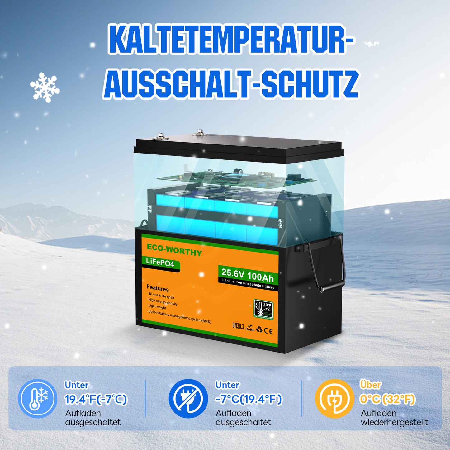 24V 100Ah LiFePO4 Lithium Batterie mit Untertemperaturschutz