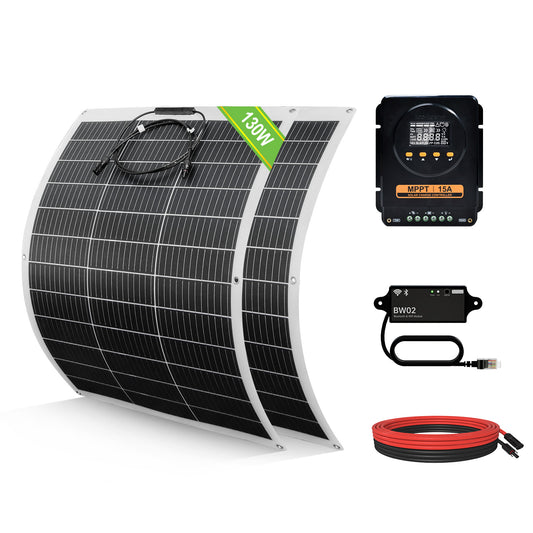 260Wp 12V Off Grid Solaranlage für Wohnmobile mit MPPT-Solarregler 12 V/24 V 15 A , 130Wp 12V Flexibles Solarmodul und 5m PV-Solarkabel 4mm² mit MC4