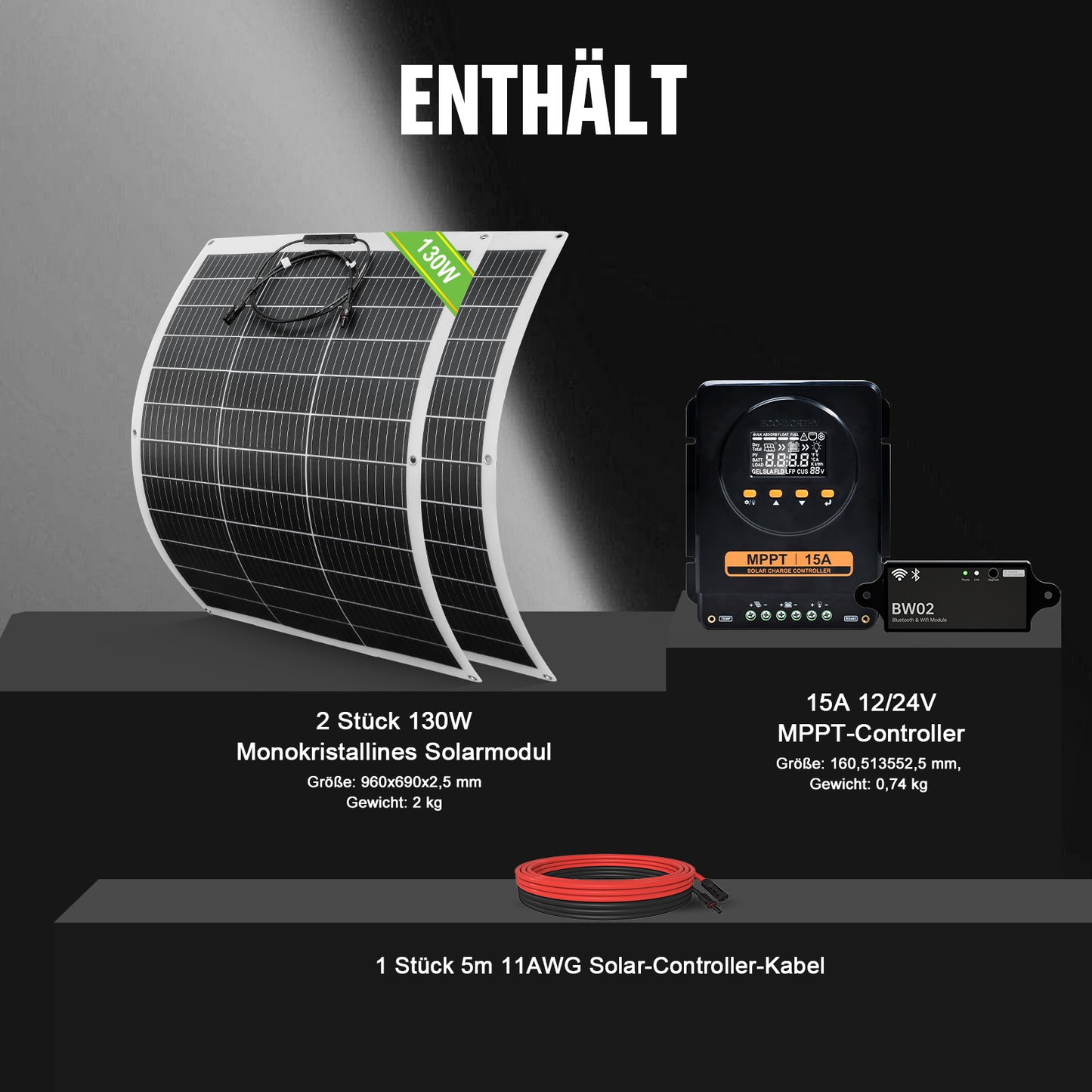 260Wp 12V Off Grid Solaranlage für Wohnmobile mit MPPT-Solarregler 12 V/24 V 15 A , 130Wp 12V Flexibles Solarmodul und 5m PV-Solarkabel 4mm² mit MC4