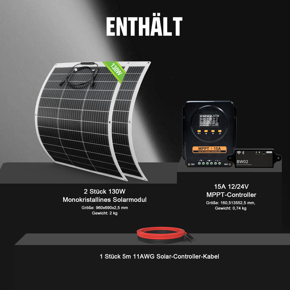 260Wp 12V Off Grid Solaranlage für Wohnmobile mit MPPT-Solarregler 12 V/24 V 15 A , 130Wp 12V Flexibles Solarmodul und 5m PV-Solarkabel 4mm² mit MC4