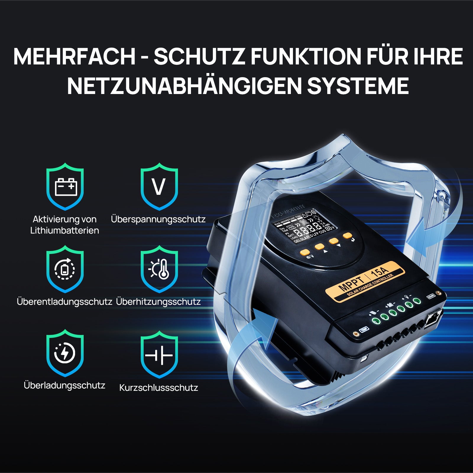 15 A-MPPT-Laderegler: Es verfügt über mehrere Schutzfunktionen.