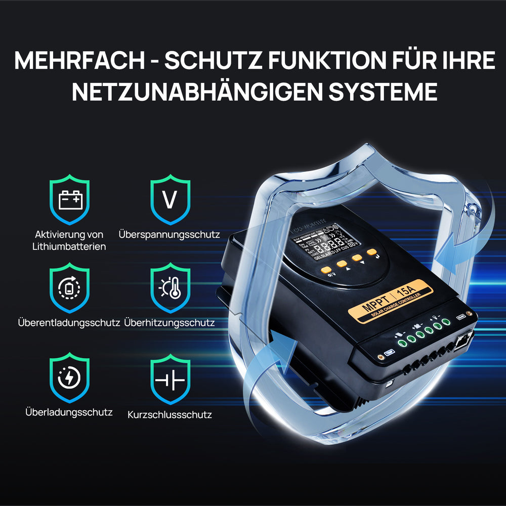 15 A-MPPT-Laderegler: Es verfügt über mehrere Schutzfunktionen.
