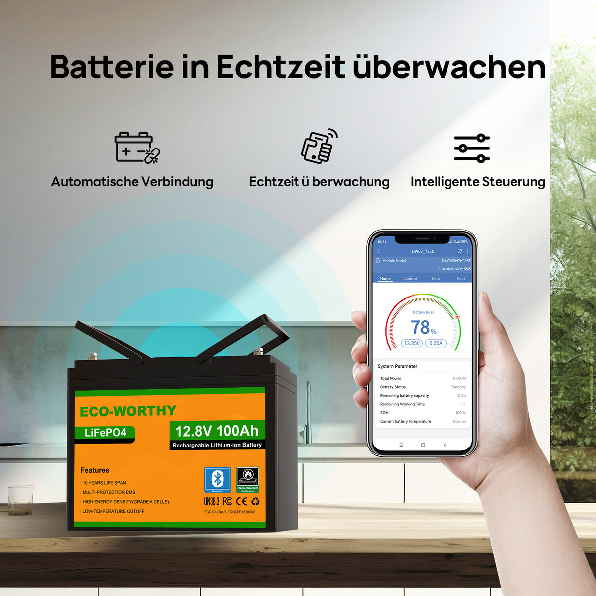 ECO-WORTHY 12V 100Ah LiFePO4 Lithium batterie mit Bluetooth und Untertemperaturschutz