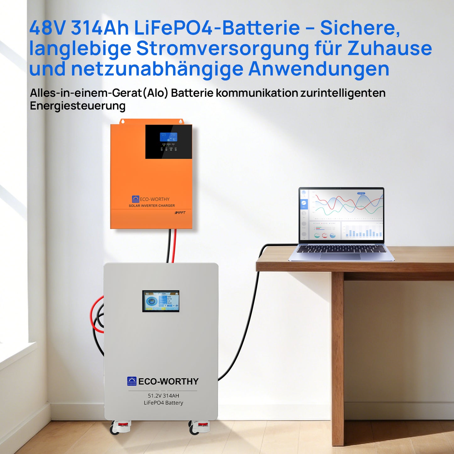 ECO-WORTHY 48V (51,2V) 314Ah LiFePO4-Batterie und 5000W 48V All-In-One Kombigeräte Solar Wechselrichter