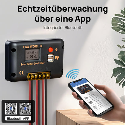 ECO-WORTHY 30A 12V/24V PWM Solarladeregler mit Bluetooth & APP Überwachung