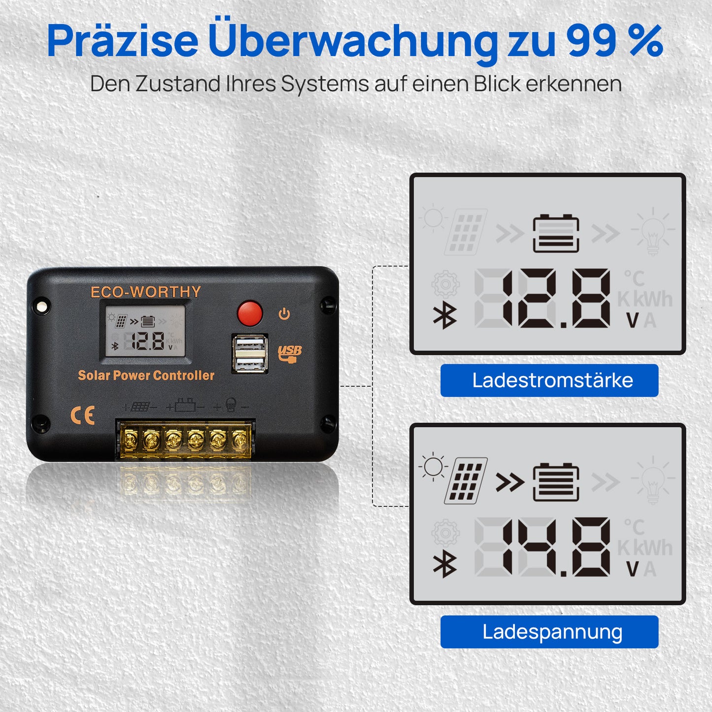 ECO-WORTHY 30A 12V/24V PWM Solarladeregler mit Bluetooth & APP Überwachung