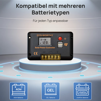ECO-WORTHY 30A 12V/24V PWM Solarladeregler mit Bluetooth & APP Überwachung
