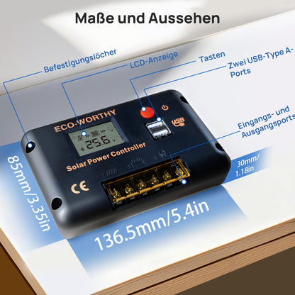 ECO-WORTHY 30A 12V/24V PWM Solarladeregler mit Bluetooth & APP Überwachung