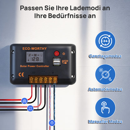 ECO-WORTHY 30A 12V/24V PWM Solarladeregler mit Bluetooth & APP Überwachung