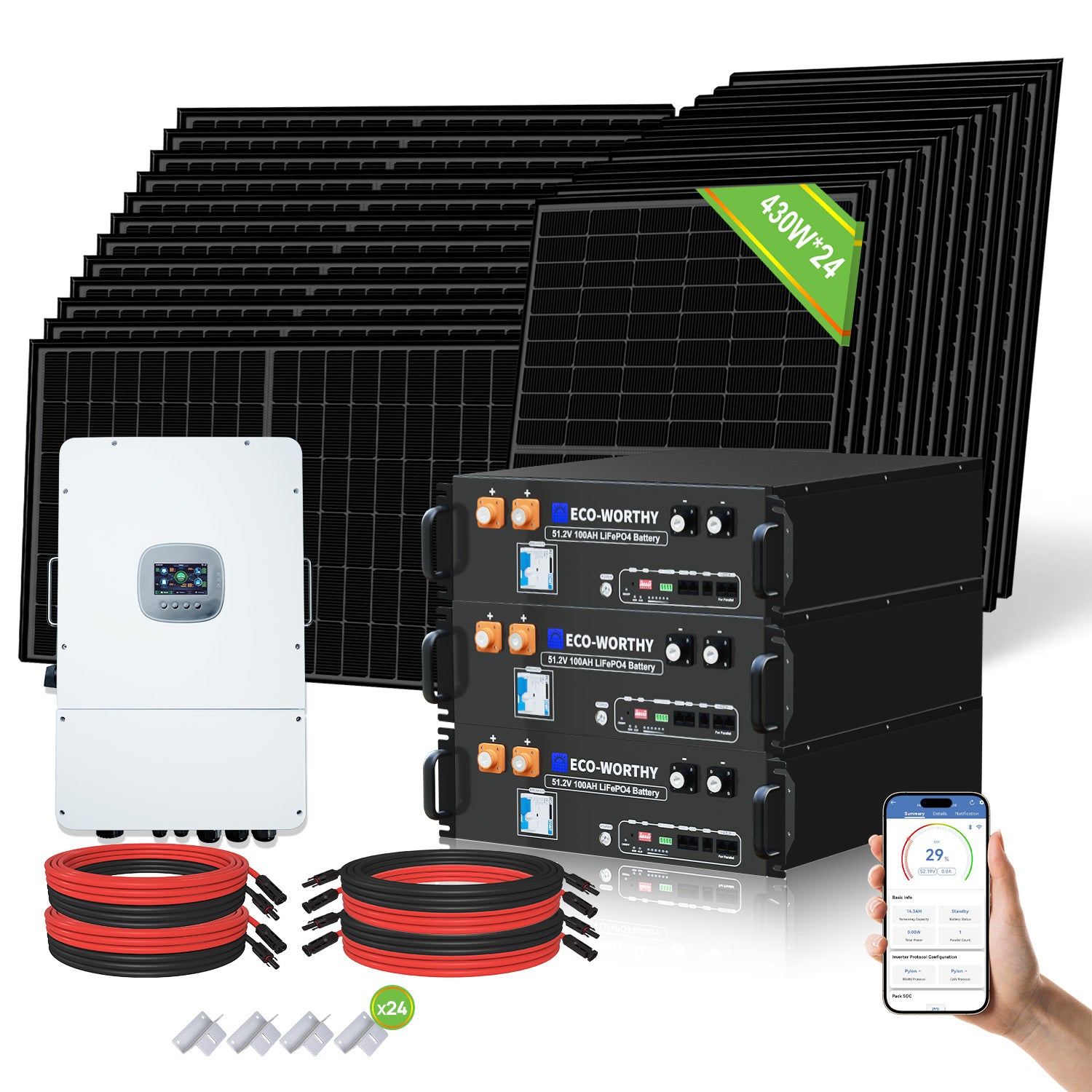 48V 10KW (24 x 430W) Komplettes MPPT-Off-Grid-Solarkit mit  48V (51,2V) 100Ah Server-Rack-Batterie, 430W komplett Schwarzes Monokristallines Solarmodul, 48V 12 KW All-in-One Solar-Wechselrichter