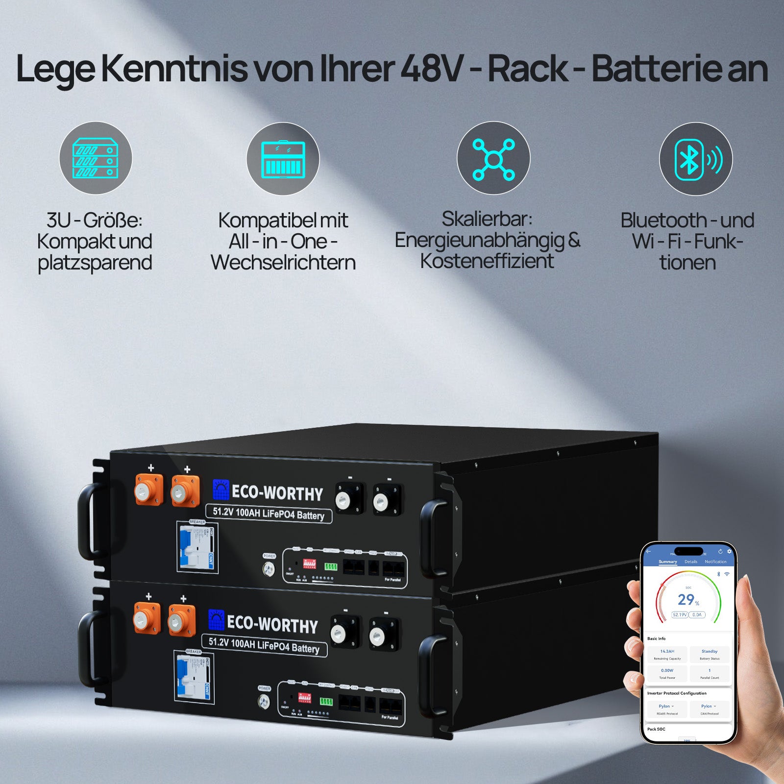 Die 48V 100AH ​​Lithiumbatterie kommuniziert über Bluetooth, Wi-Fi und CAN/RS485/RS232 Schnittstellen.Ist mit den meisten Wechselrichtern kompatibel.