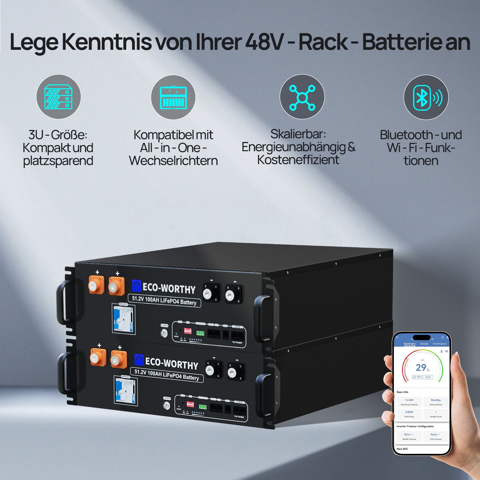 Die 48V 100AH ​​Lithiumbatterie kommuniziert über Bluetooth, Wi-Fi und CAN/RS485/RS232 Schnittstellen.Ist mit den meisten Wechselrichtern kompatibel.