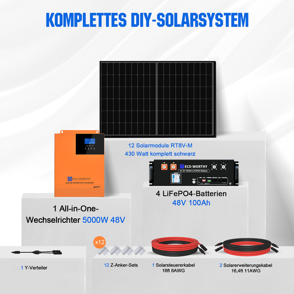 48V 5160W (12 x 430W) Komplettes MPPT-Off-Grid-Solarkit mit  48V (51,2V) 100Ah Server-Rack-Batterie, 430W komplett Schwarzes Monokristallines Solarmodul, 48V 5000W All-in-One Solar-Wechselrichter