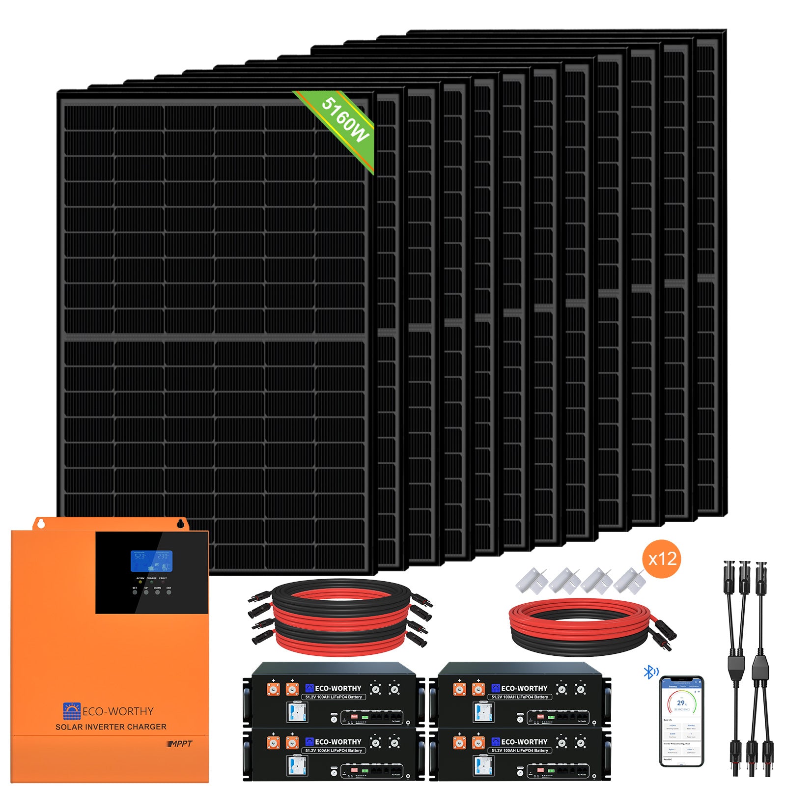 48V 5160W (12 x 430W) Komplettes MPPT-Off-Grid-Solarkit mit  48V (51,2V) 100Ah Server-Rack-Batterie, 430W komplett Schwarzes Monokristallines Solarmodul, 48V 5000W All-in-One Solar-Wechselrichter