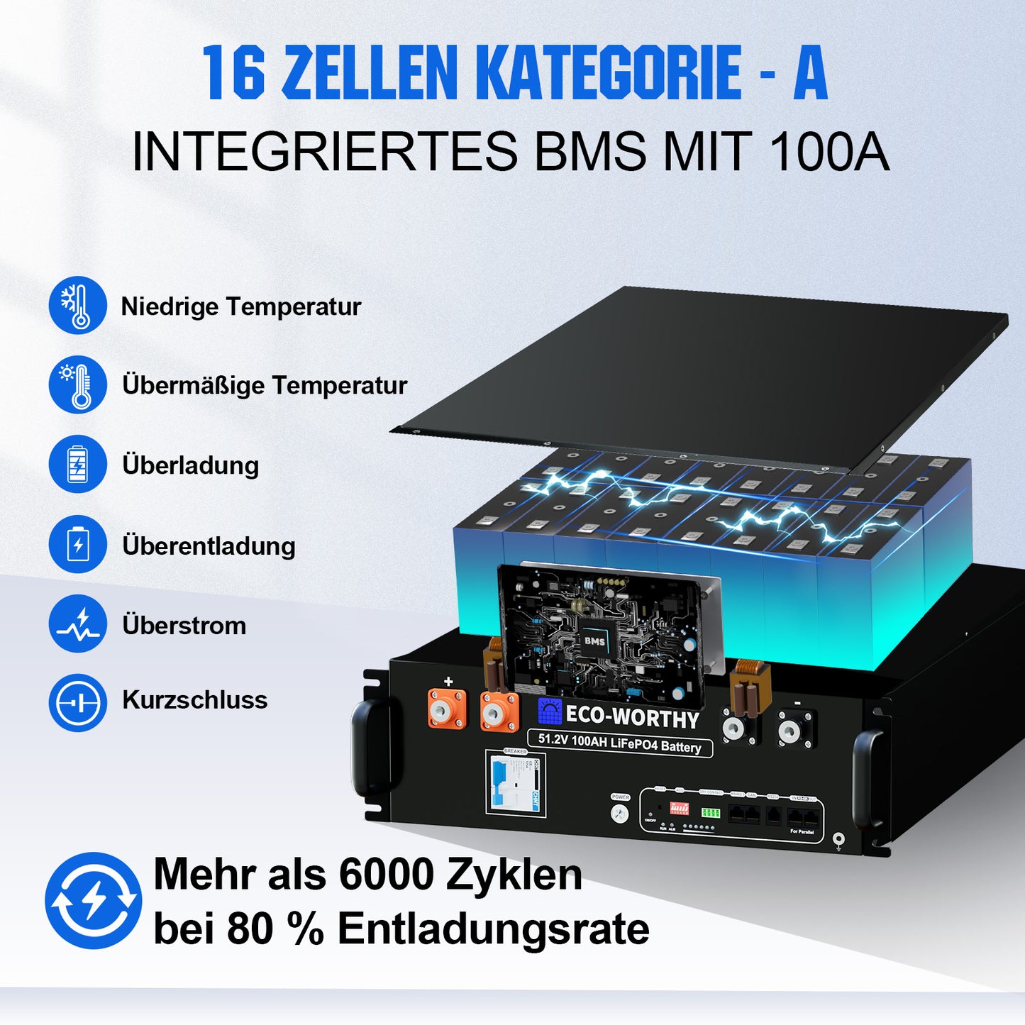 48V (51,2V) 100Ah Server-Rack-Batterie mit integriertem 100A BMS.