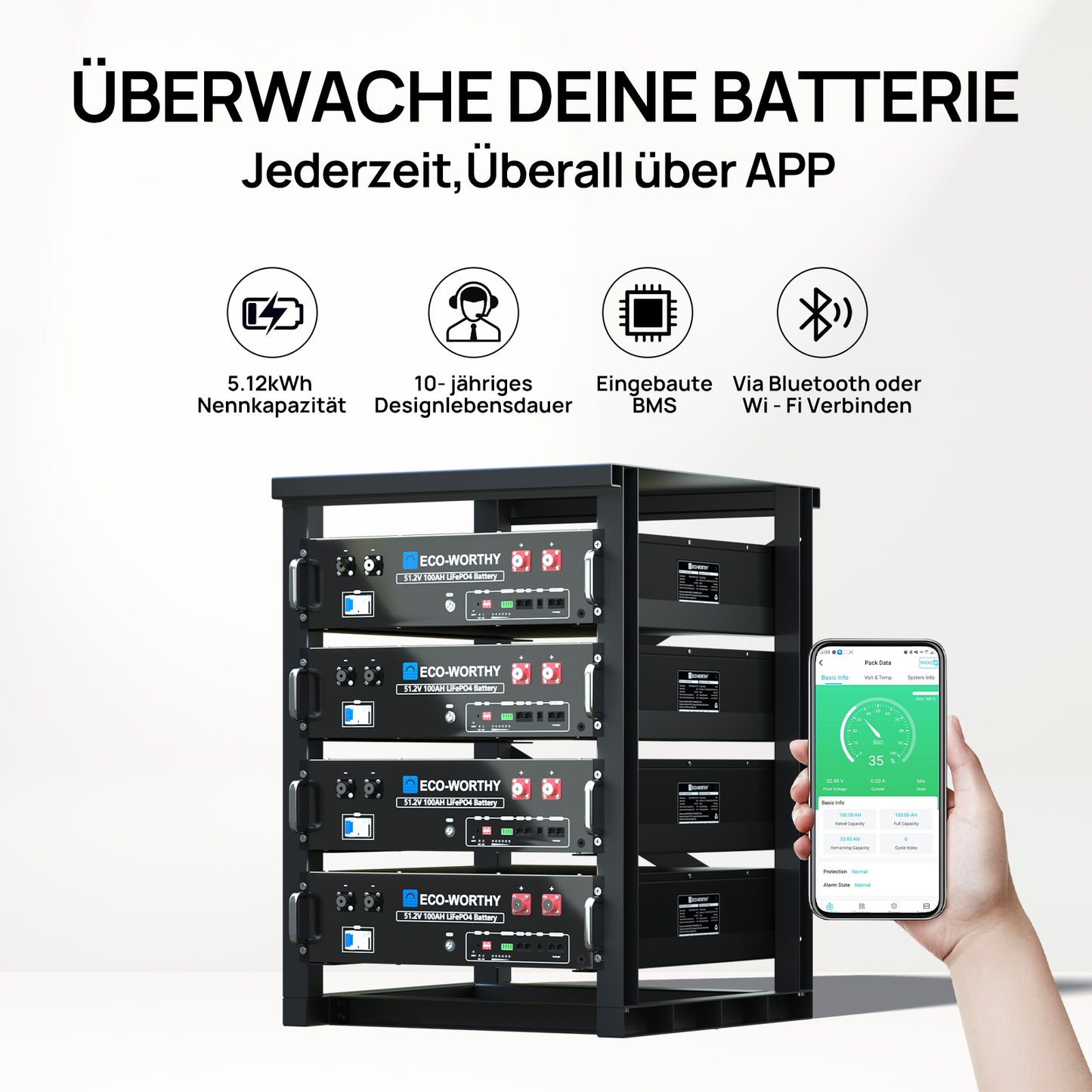 48V (51,2V) 100Ah Server-Rack-Batterie, 5,12kWh Lithium-Batterie, 3U-Größe, mit Bluetooth und WLAN, ≥6.000 Zyklen