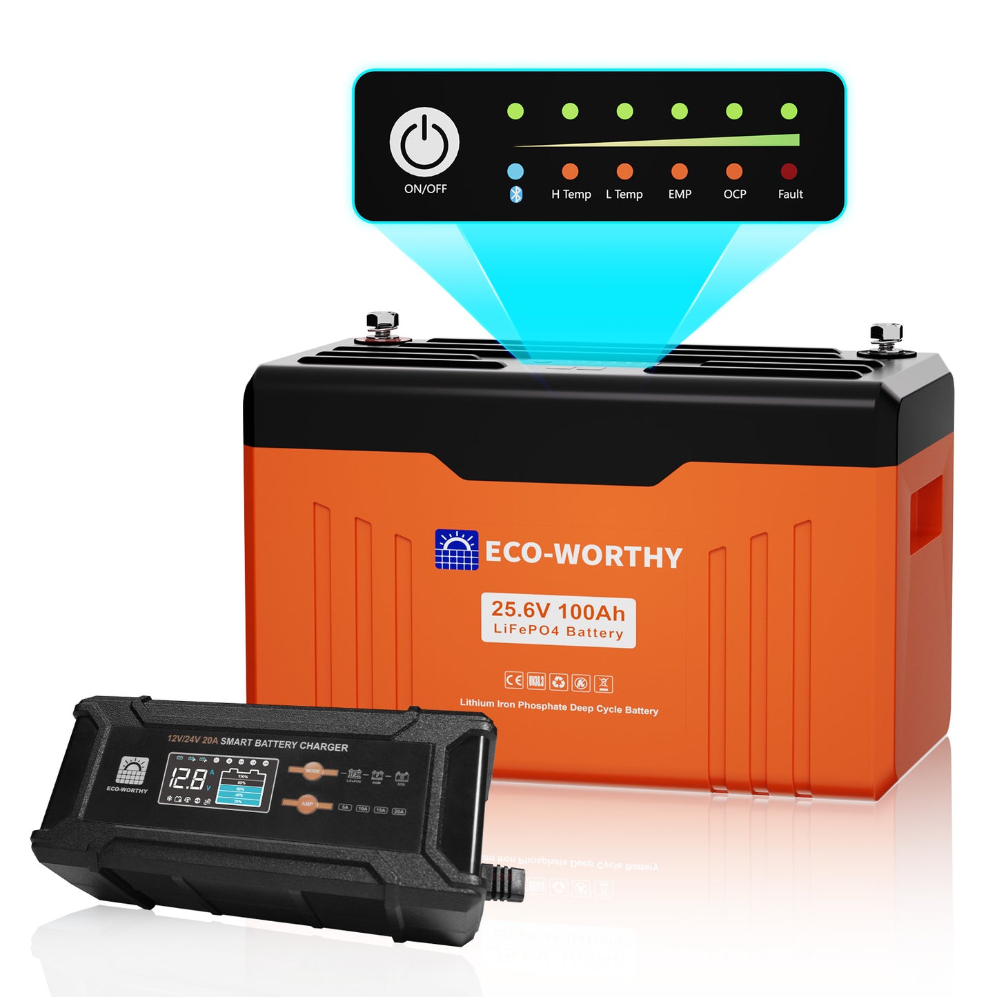 Eco-Worthy Schutz-Serie 24V 100Ah LiFePO4 Lithium Batterie—Bluetooth und Untertemperaturschutz—LED-Statusleuchte