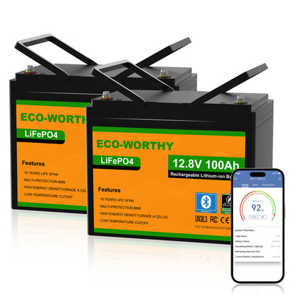 ECO-WORTHY 12V 100Ah LiFePO4 Lithium batterie mit Bluetooth und Untertemperaturschutz