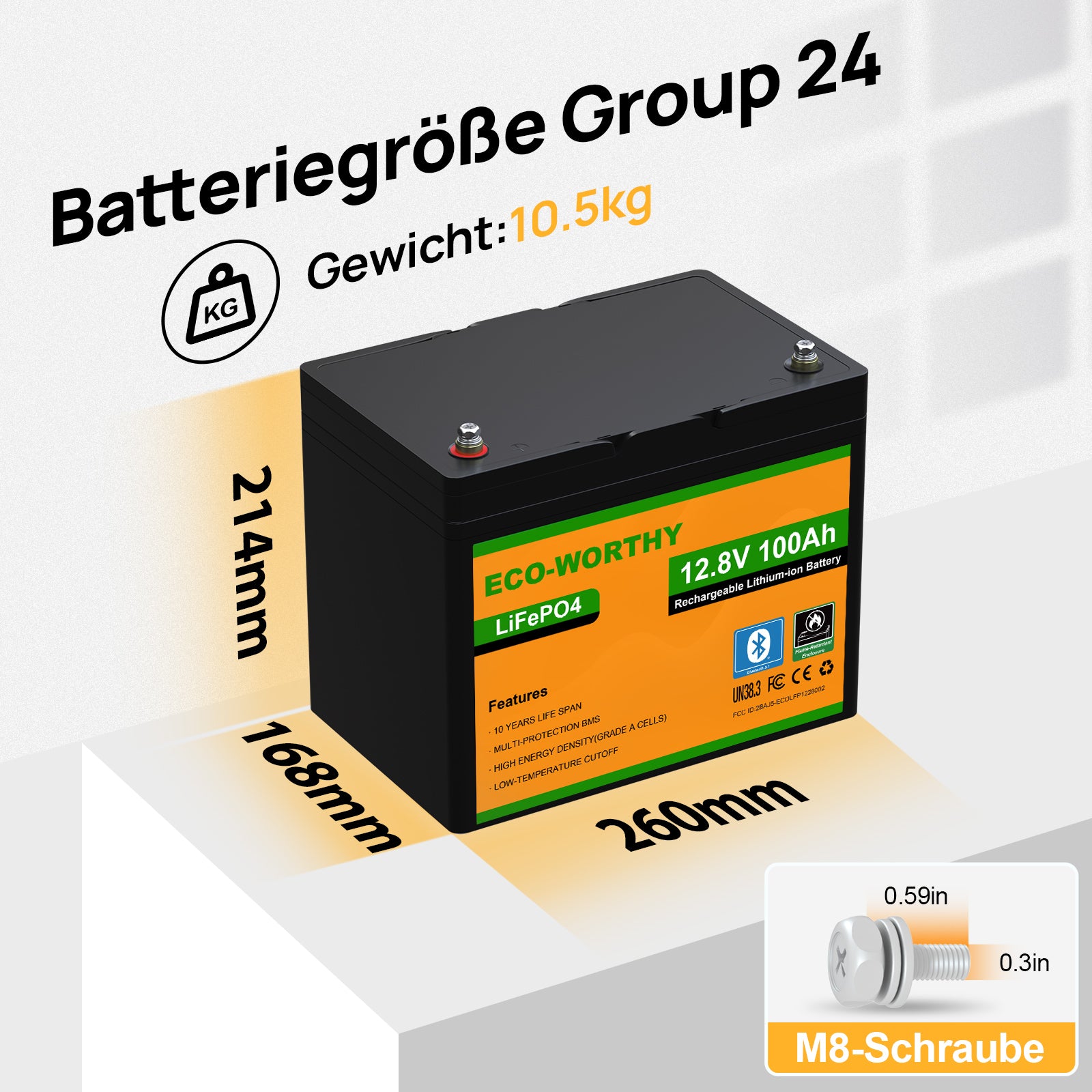 ECO-WORTHY 12V 100Ah LiFePO4 Lithium batterie mit Bluetooth und Untertemperaturschutz