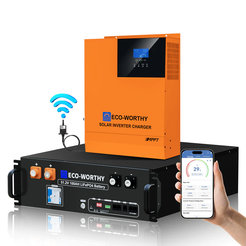 Notstrom-Set 5,12 kWh/10,24 kWh mit 48V 100AH Lithiumbatterie und 5000W All-in-One-Wechselrichter