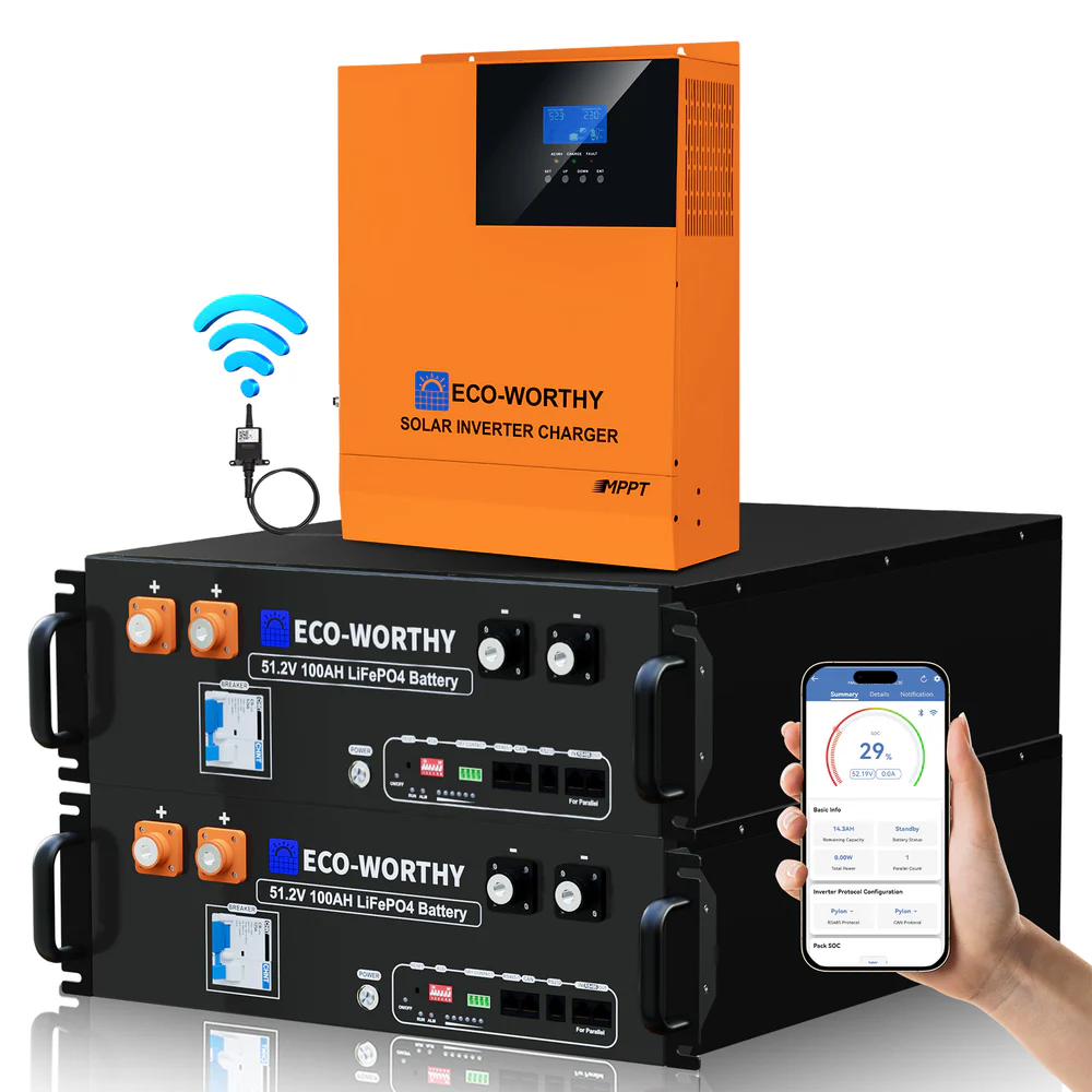 ECO-WORTHY Notstrom-Set 5,12 kWh/10,24 kWh mit 48V 100AH Lithiumbatterie und 48V 5000W All-in-One-Wechselrichter