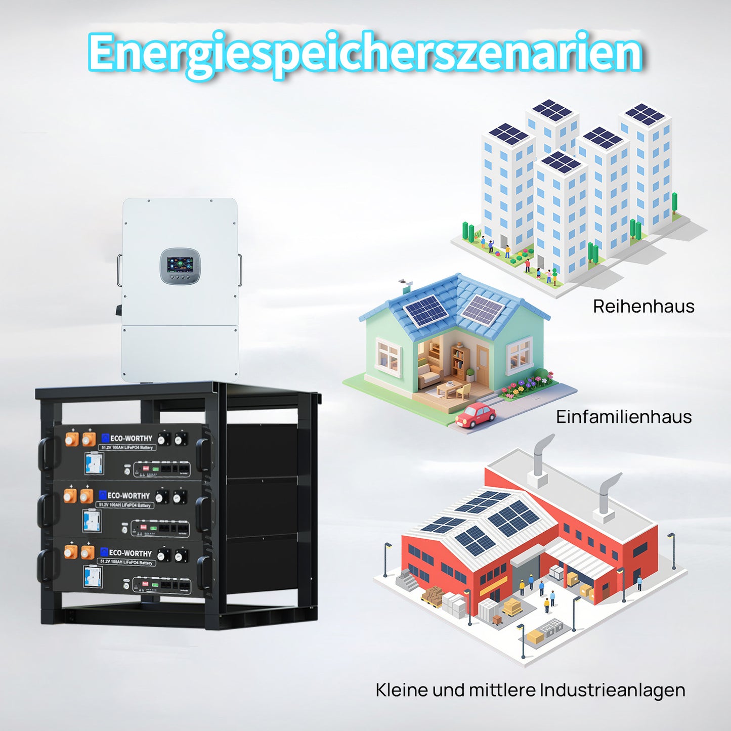 Die 48V 100AH ​​Lithiumbatterie und das integrierte 12KW Wechselrichter-Kit eignen sich für den Einsatz in Wohnhäusern, Villen und kleinen Industriegebäuden.