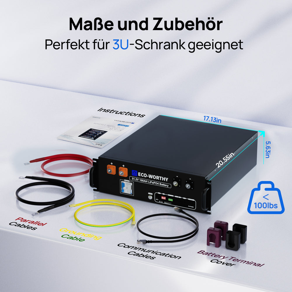 Die 48V 100Ah Server-Rack-Batterie wird mit einem kompletten Zubehörsatz geliefert, einschließlich Anleitung, Batterieanschlusskabeln, Kommunikationskabeln usw. Perfekt fur 3U-Schrank geeignet.