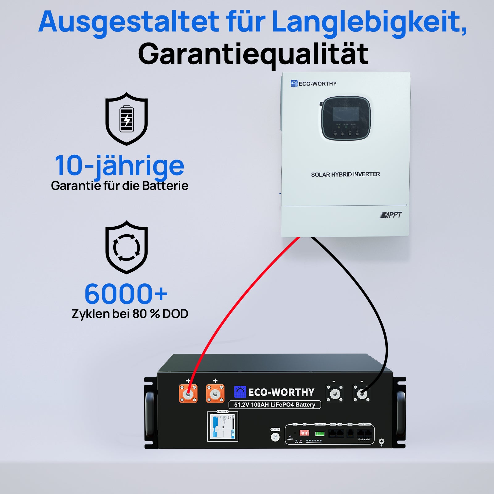 Die 48-V-100-AH-Rackbatterie verfügt über eine 10-jährige Garantie, gewährleistet über 6.000 Zyklen und kommuniziert effizient mit dem 48-V-3-KW-Wechselrichter.