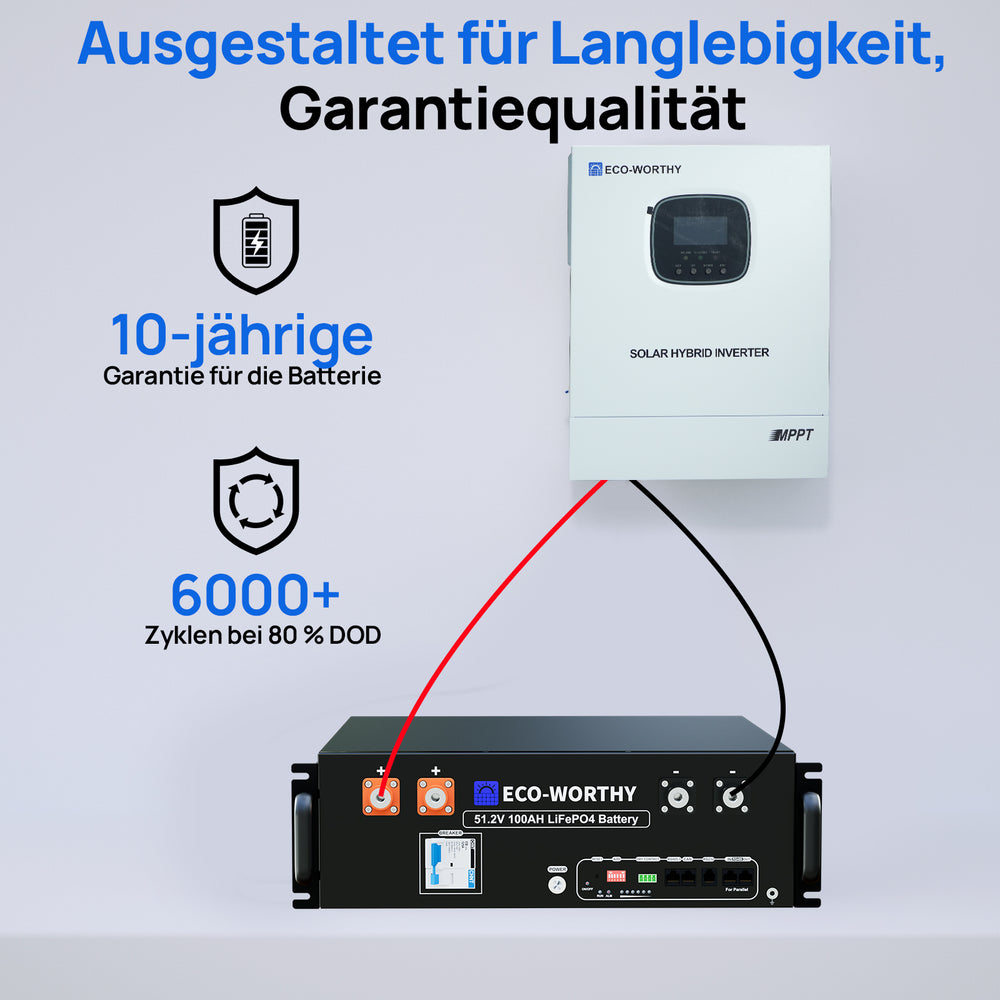 Die 48-V-100-AH-Rackbatterie verfügt über eine 10-jährige Garantie, gewährleistet über 6.000 Zyklen und kommuniziert effizient mit dem 48-V-3-KW-Wechselrichter.