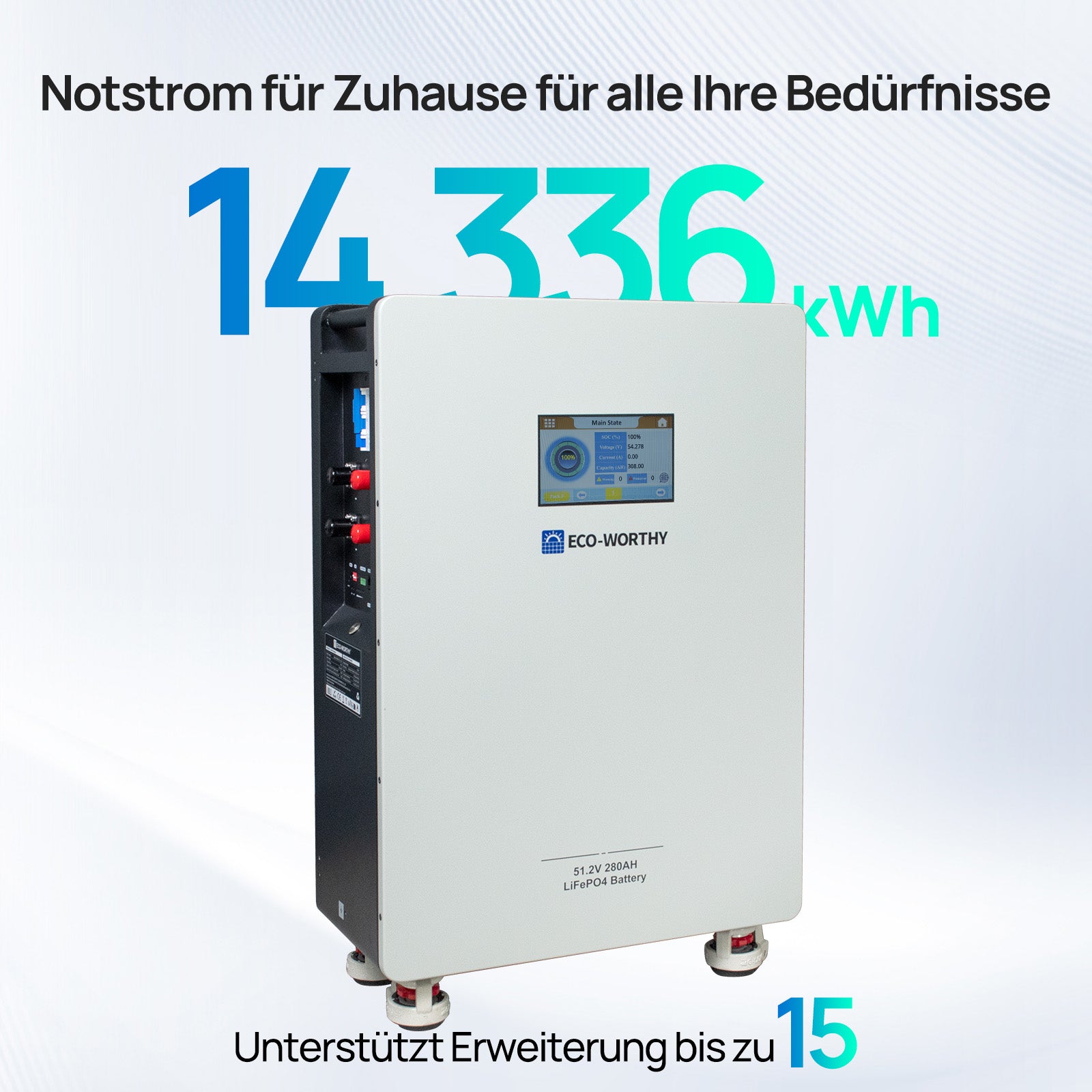 ECO-WORTHY 48V 280Ah LiFePO4 Batterie Solar-Backup-Batterie für Zuhause Wandmontage-3