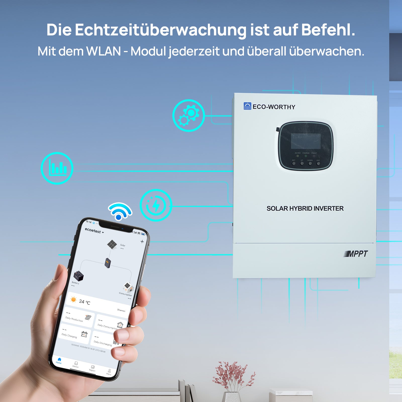 Der 48-V-3-kW-Wechselrichter verfügt über WLAN-Funktionalität und sein Status kann über eine mobile App überprüft werden.