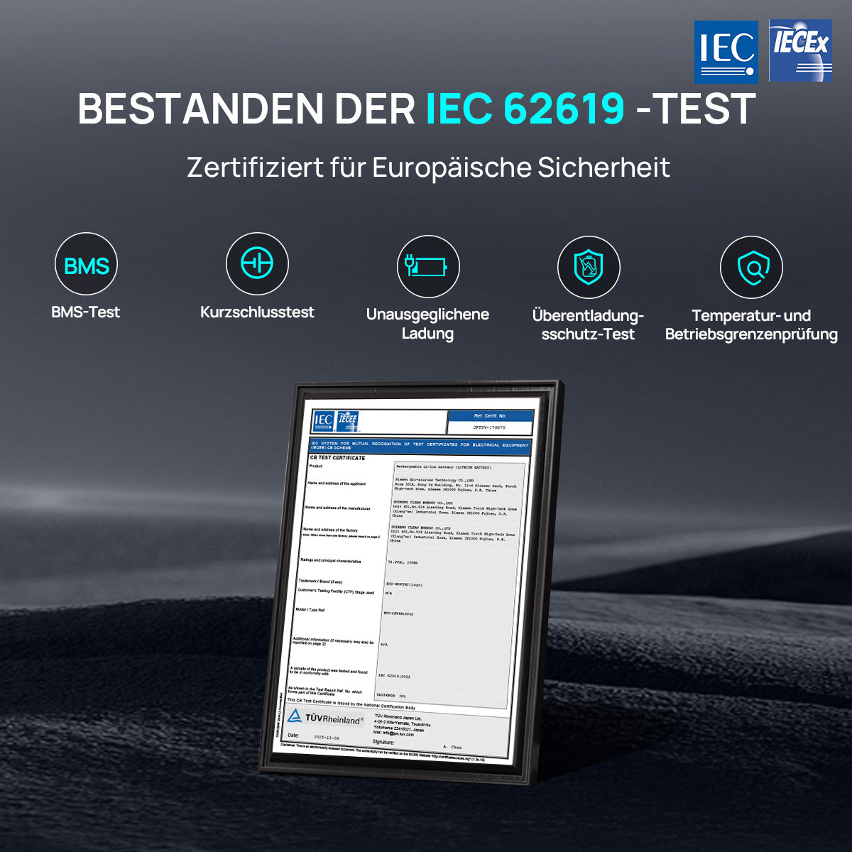 IEC 62619 Prüfung und Zertifizierung für 48V 100AH ​​Rack-Batterien.